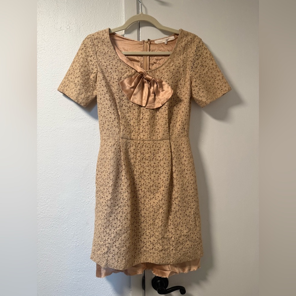 3.1 Phillip Lim Tan Lace Short-Sleeve Dress with Satin Bow